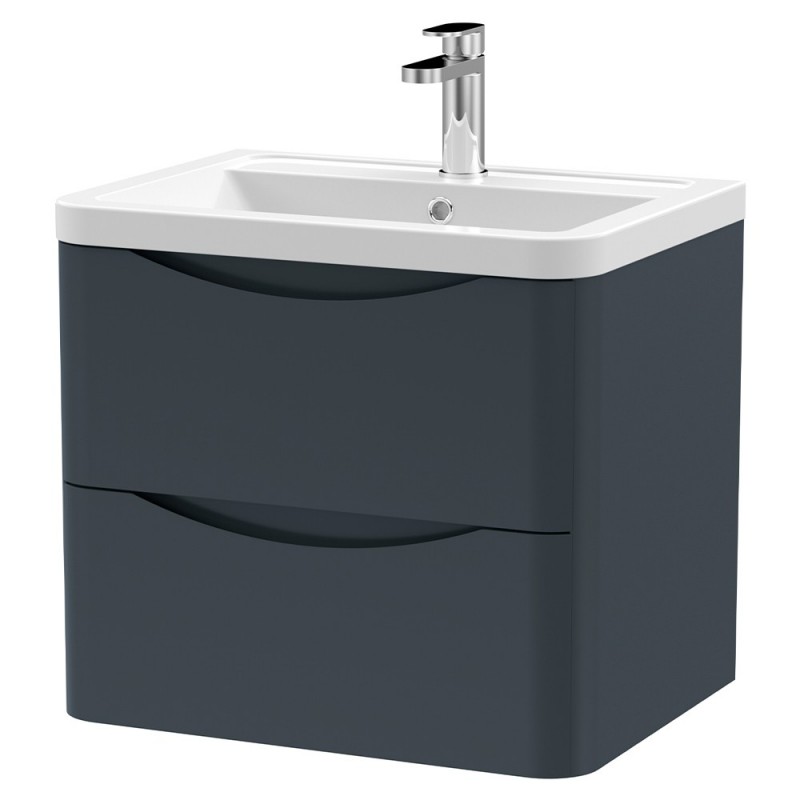 Lunar 600mm Wall Hung 2 Drawer Vanity Unit with Ceramic Basin - Soft Black Lunar 600mm Wall Hung 2 Drawer Vanity Unit with Ceramic Basin - Soft Black