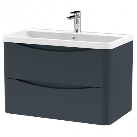 Lunar 800mm Wall Hung 2 Drawer Vanity Unit with Polymarble Basin - Soft Black