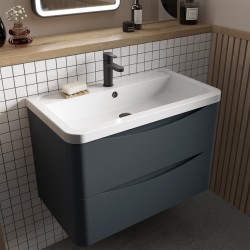 Lunar 800mm Wall Hung 2 Drawer Vanity Unit with Polymarble Basin - Soft Black - Insitu