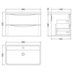 Lunar 800mm Wall Hung 2 Drawer Vanity Unit with Polymarble Basin - Soft Black - Technical Drawing