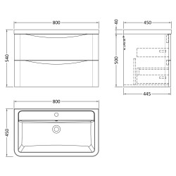Lunar 800mm Wall Hung 2 Drawer Vanity Unit with Ceramic Basin - Soft Black - Technical Drawing