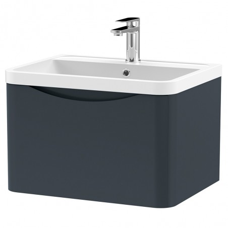 Lunar 600mm Wall Hung 1 Drawer Vanity Unit with Polymarble Basin - Soft Black