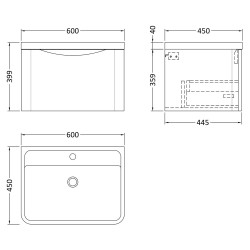 Lunar 600mm Wall Hung 1 Drawer Vanity Unit with Polymarble Basin - Soft Black - Technical Drawing
