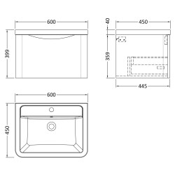 Lunar 600mm Wall Hung 1 Drawer Vanity Unit with Ceramic Basin - Soft Black - Technical Drawing