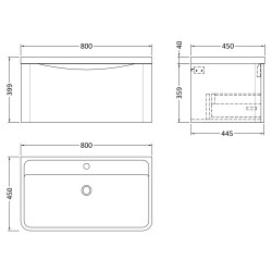 Lunar 800mm Wall Hung 1 Drawer Vanity Unit with Polymarble Basin - Soft Black - Technical Drawing