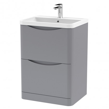 Lunar 600mm Freestanding 2 Drawer Vanity Unit with Polymarble Basin - Satin Grey