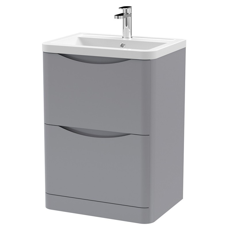 Lunar 600mm Freestanding 2 Drawer Vanity Unit with Ceramic Basin - Satin Grey Lunar 600mm Freestanding 2 Drawer Vanity Unit with Ceramic Basin - Satin Grey