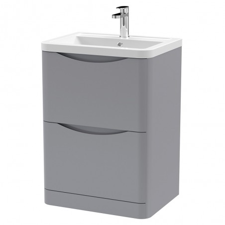 Lunar 600mm Freestanding 2 Drawer Vanity Unit with Ceramic Basin - Satin Grey