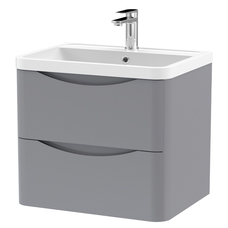 Lunar 600mm Wall Hung 2 Drawer Vanity Unit with Polymarble Basin - Satin Grey Lunar 600mm Wall Hung 2 Drawer Vanity Unit with Polymarble Basin - Satin Grey