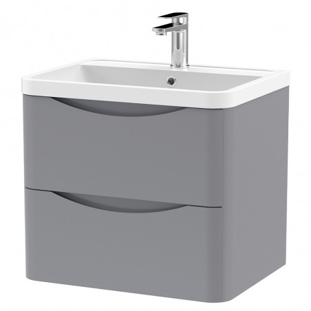 Lunar 600mm Wall Hung 2 Drawer Vanity Unit with Polymarble Basin - Satin Grey