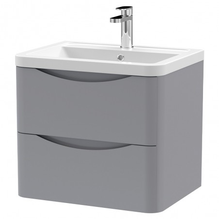 Lunar 600mm Wall Hung 2 Drawer Vanity Unit with Ceramic Basin - Satin Grey