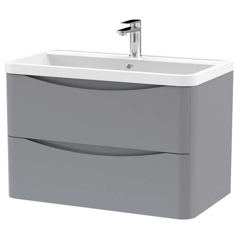 Lunar 800mm Wall Hung 2 Drawer Vanity Unit with Polymarble Basin - Satin Grey Lunar 800mm Wall Hung 2 Drawer Vanity Unit with Polymarble Basin - Satin Grey