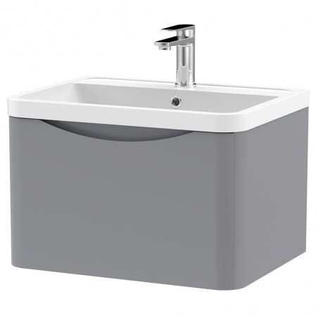 Lunar 600mm Wall Hung 1 Drawer Vanity Unit with Polymarble Basin - Satin Grey