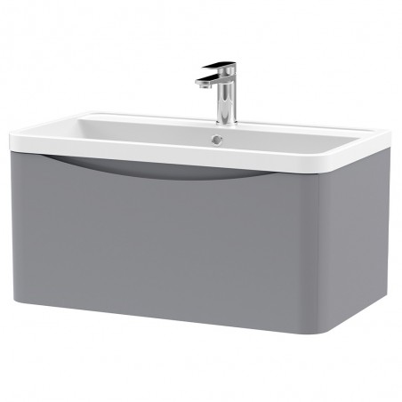 Lunar 800mm Wall Hung 1 Drawer Vanity Unit with Polymarble Basin - Satin Grey