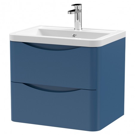 Lunar 600mm Wall Hung 2 Drawer Vanity Unit with Ceramic Basin - Satin Blue