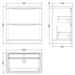 Lunar 800mm Freestanding 2 Drawer Vanity Unit with Ceramic Basin - Satin Blue - Technical Drawing