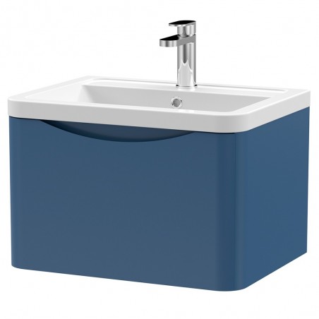 Lunar 600mm Wall Hung 1 Drawer Vanity Unit with Ceramic Basin - Satin Blue