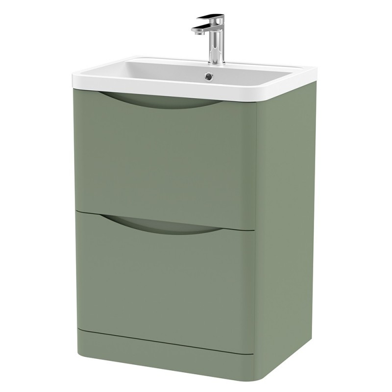 Lunar 600mm Freestanding 2 Drawer Vanity Unit with Polymarble Basin - Satin Green Lunar 600mm Freestanding 2 Drawer Vanity Unit with Polymarble Basin - Satin Green