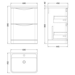 Lunar 600mm Freestanding 2 Drawer Vanity Unit with Polymarble Basin - Satin Green - Technical Drawing