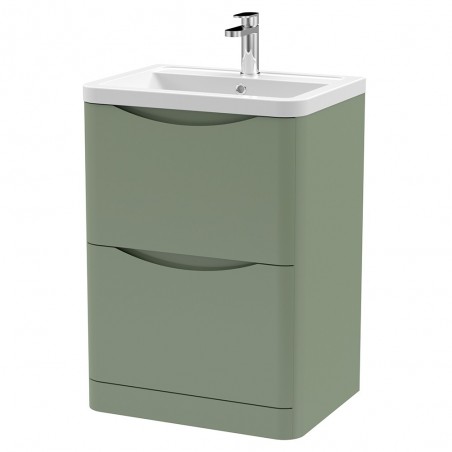 Lunar 600mmFreestanding 2 Drawer Vanity Unit with Ceramic Basin - Satin Green