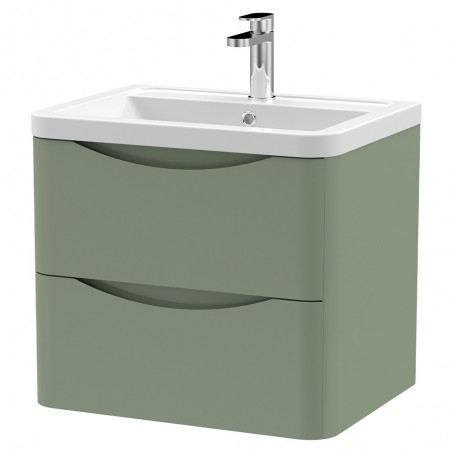 Lunar 600mm Wall Hung 2 Drawer Vanity Unit with Ceramic Basin - Satin Green