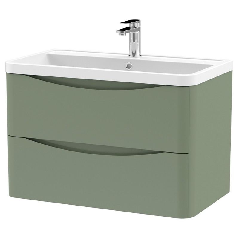 Lunar 800mm Wall Hung 2 Drawer Vanity Unit with Polymarble Basin - Satin Green Lunar 800mm Wall Hung 2 Drawer Vanity Unit with Polymarble Basin - Satin Green