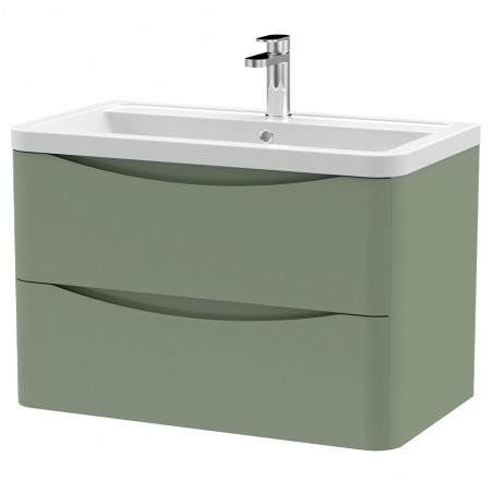 Lunar 800mm Wall Hung 2 Drawer Vanity Unit with Ceramic Basin - Satin Green