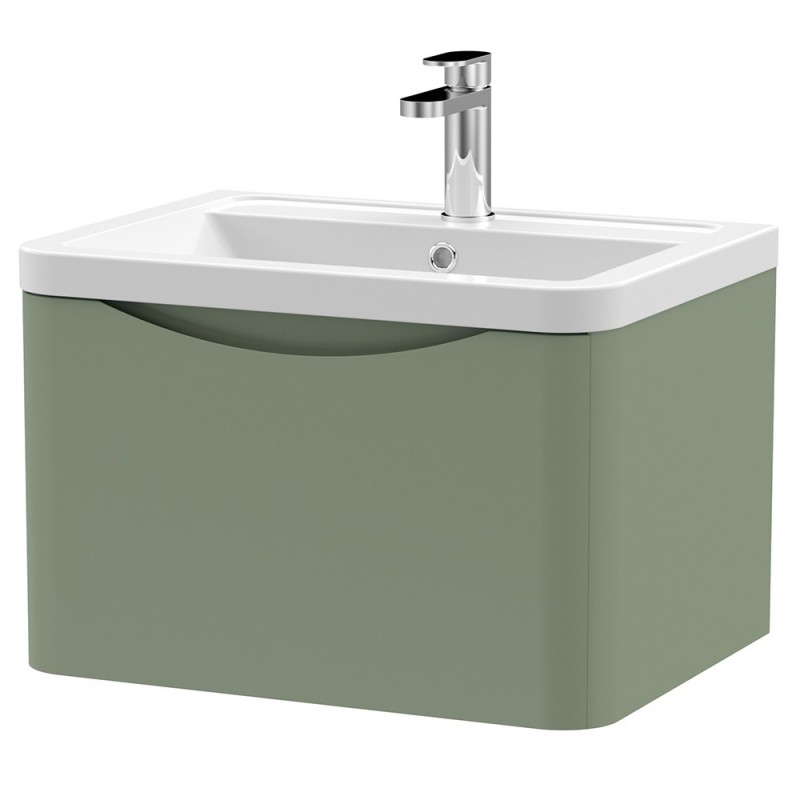 Lunar 600mm Wall Hung 1 Drawer Vanity Unit with Ceramic Basin - Satin Green Lunar 600mm Wall Hung 1 Drawer Vanity Unit with Ceramic Basin - Satin Green
