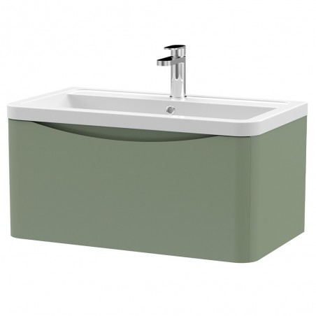 Lunar 800mm Wall Hung 1 Drawer Vanity Unit with Ceramic Basin - Satin Green