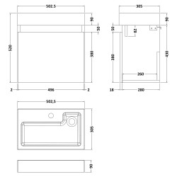 Merit Slimline  500mm Single Door Wall Hung Vanity and Basin - Gloss White - Technical Drawing