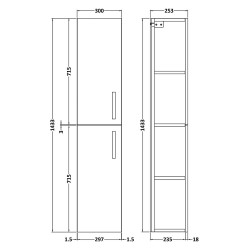 Athena Tall Unit 2 Doors - Gloss Grey - Technical Drawing