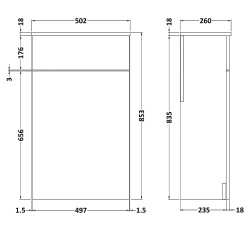 Athena 500mm WC Unit - Charcoal Black Woodgrain - Technical Drawing
