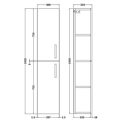 Athena Tall Unit 2 Doors - Charcoal Black Woodgrain - Technical Drawing