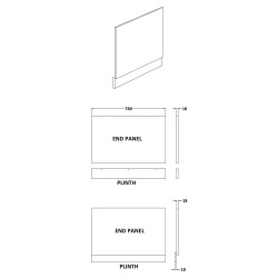 800mm Bath End Panel - Charcoal Black Woodgrain - Technical Drawing