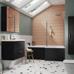1700mm Square Shower Front Bath Panel - Charcoal Black Woodgrain - Insitu