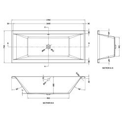 Square Double Ended Bath 1700mm x 750mm - Technical Drawing