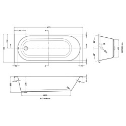 Otley Round Single Ended Rectangular Bath 1675mm x 700mm - Acrylic - Technical Drawing