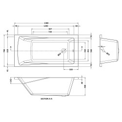 Square Single Ended Bath 1400mm x 700mm - Technical Drawing