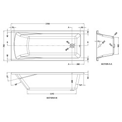 Square Single Ended Bath 1700mm x 700mm - Technical Drawing