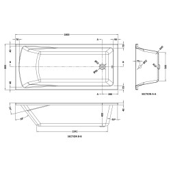 Square Single Ended Bath 1800mm x 800mm - Technical Drawing