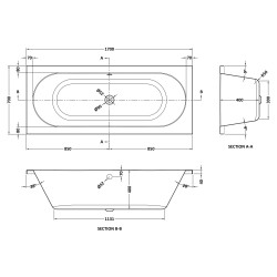 Round Double Ended Bath 1700mm x 700mm - Technical Drawing
