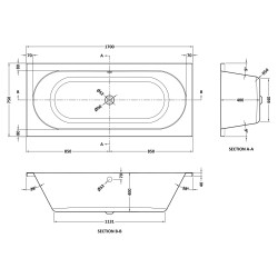 Round Double Ended Bath 1700mm x 750mm - Technical Drawing