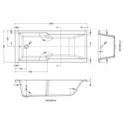 Square Straight Single Ended Shower Bath 1700mm x 750mm - Acrylic - Technical Drawing