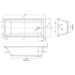 Linton Thin Edge Single Ended Rectangular Bath 1700mm (L) X 750mm (W) - Acrylic - Technical Drawing