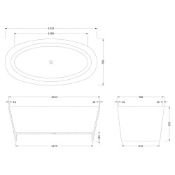 Rose Oval 1510mm x 760mm Freestanding Bath - Technical Drawing