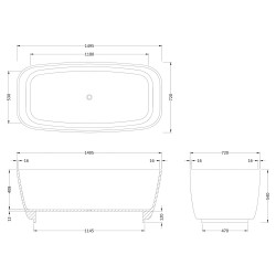 Bella Rectangular 1500mm x 720mm Freestanding Bath - Technical Drawing