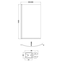 Curved P-Bath Screen 870m x 1435mm - Technical Drawing