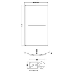 Curved B-Bath Bath Screen With Rail 870mm x 1435mm - Technical Drawing