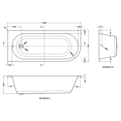 Corner Bath Left Handed 1700mm x 725mm - Technical Drawing