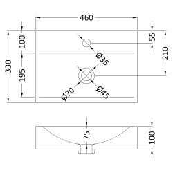 460x320mm Rectangular Counter Top Basin - Technical Drawing